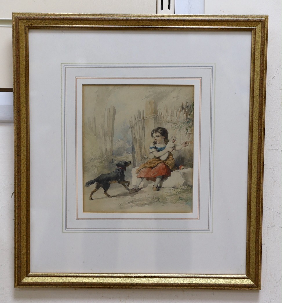 Frederick William Davis (1862-1919), watercolour, Girl with a doll and dog, 19 x 16cm